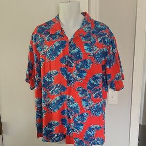 Cubavera Vibrant Red and Blue Leaf Print Shirt